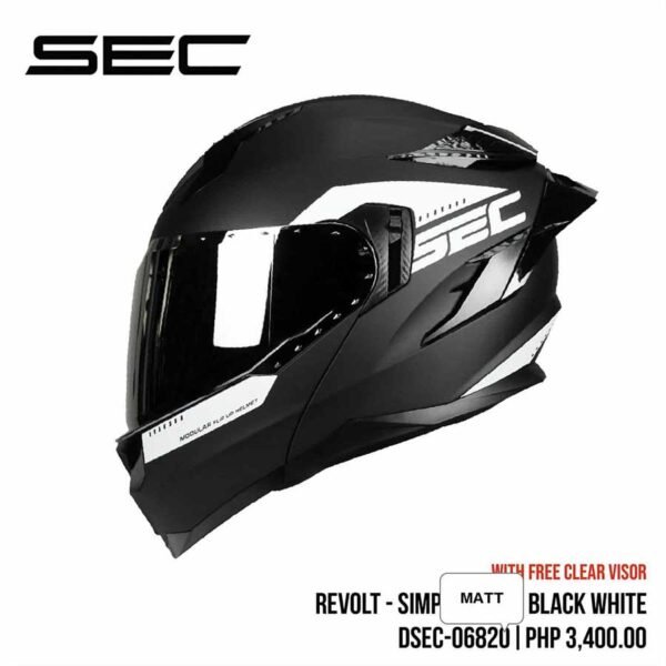 Sec Modular SEC Helmet Modular Revolt Simple 2025 Matte Black White – Leks Motogears